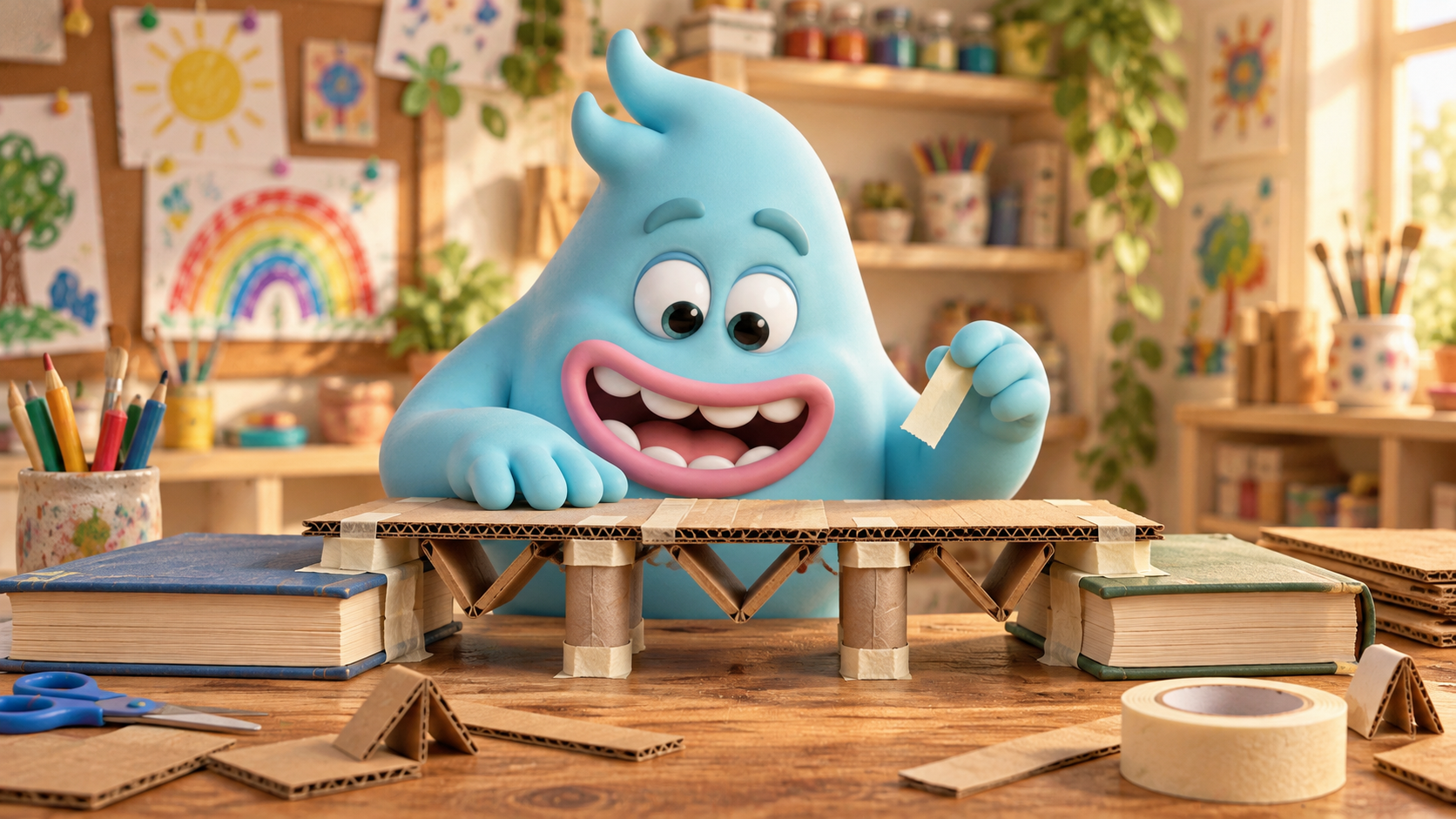 A cute monster doing Creative Problem Solving for Little Artists