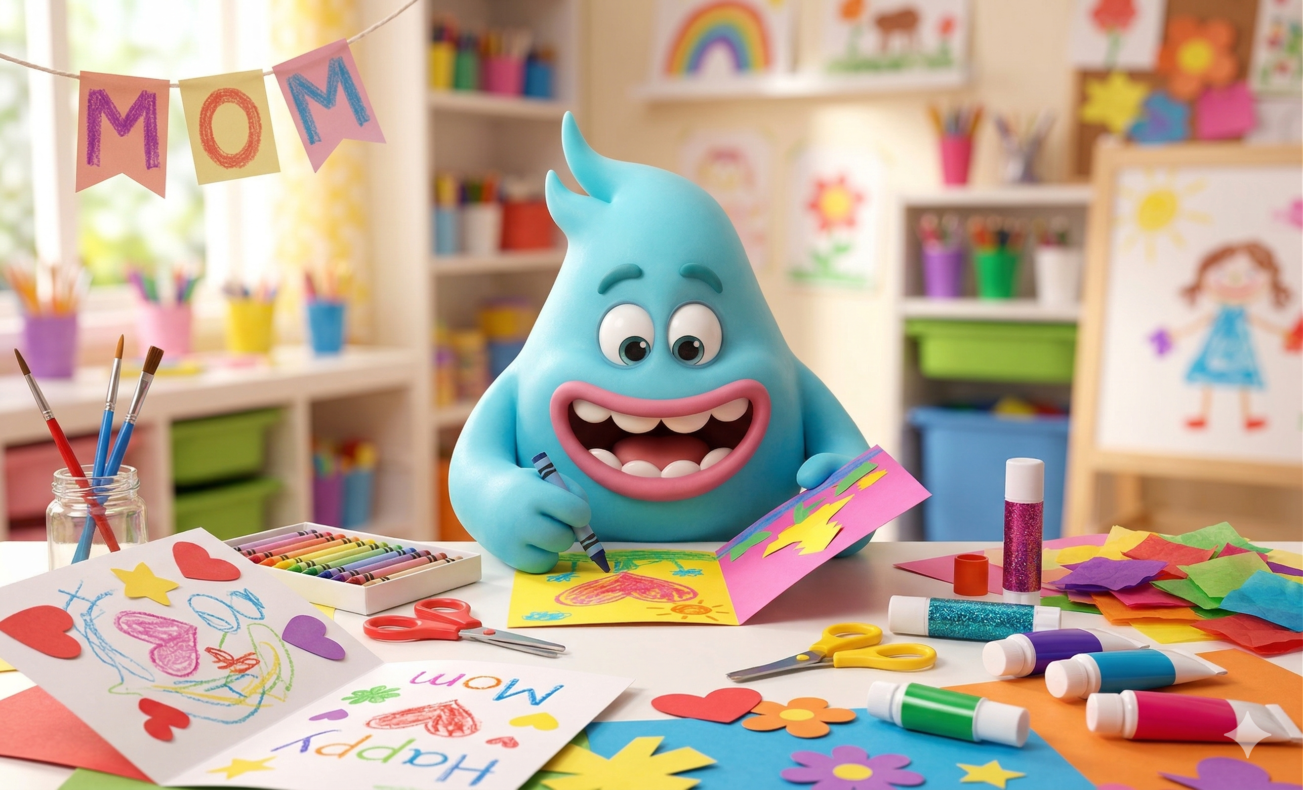 A cute monster doing DIY Mother's Day Cards for Kids