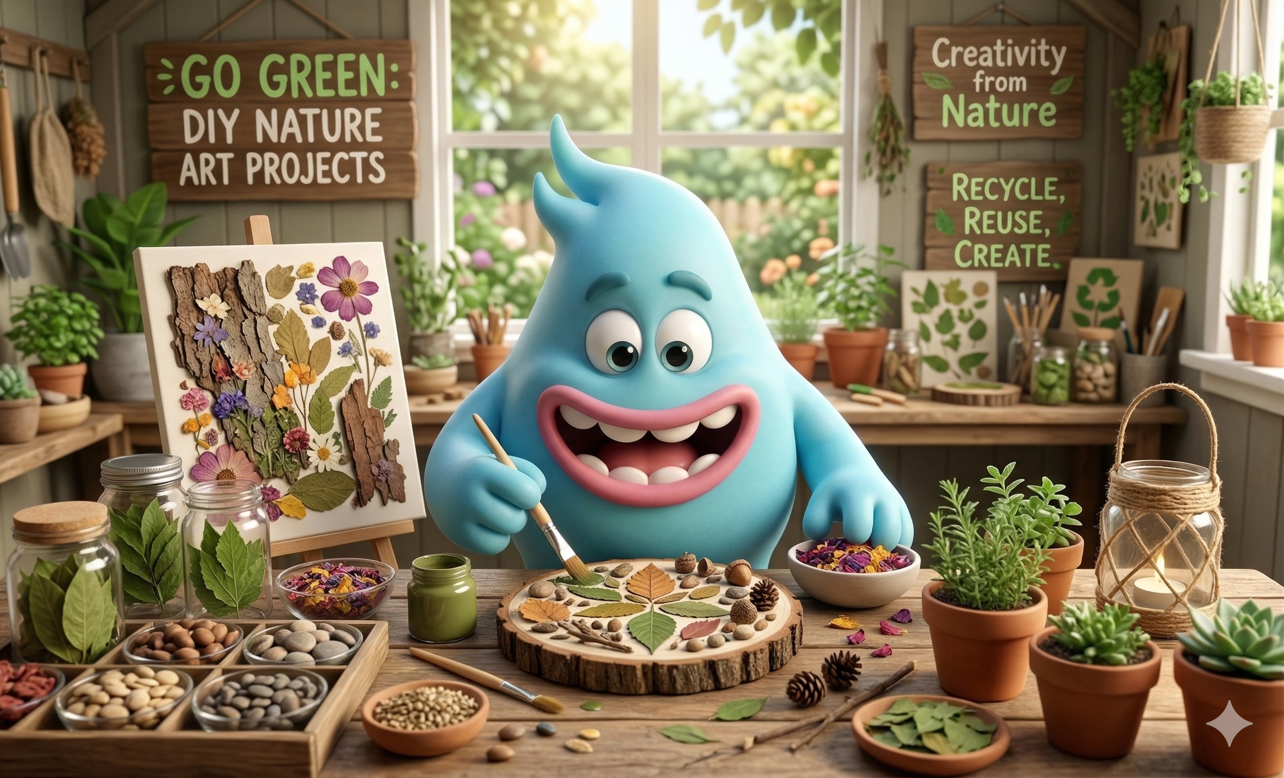 A cute monster doing Go Green: DIY Nature Art Projects