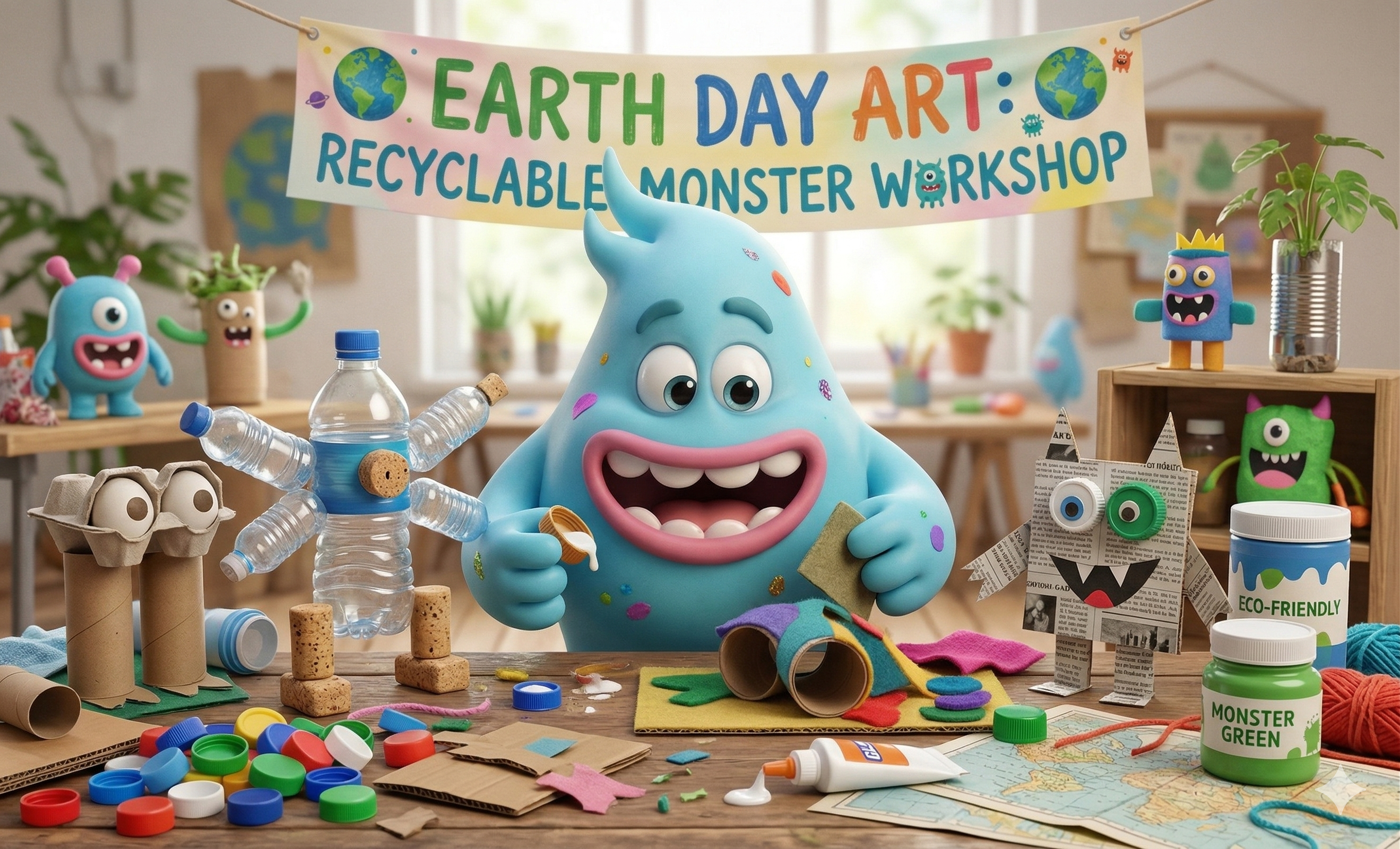A cute monster doing Earth Day Art: Turning Recyclables into Monsters