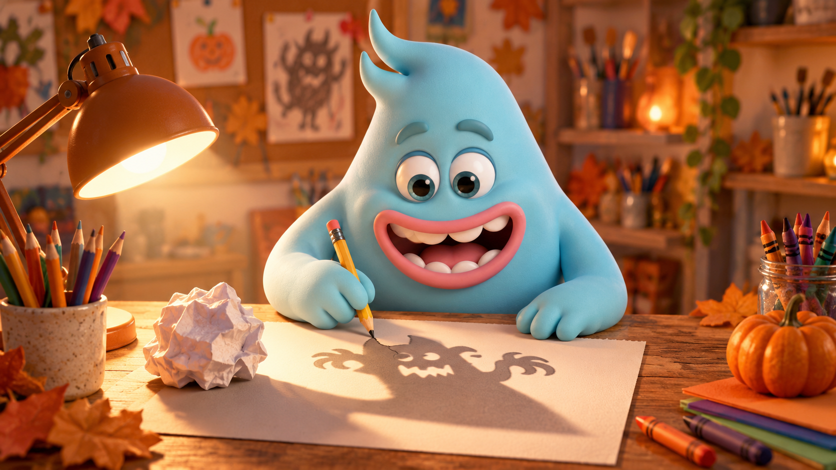 A cute monster doing Halloween Mystery: Drawing Shadow Monsters