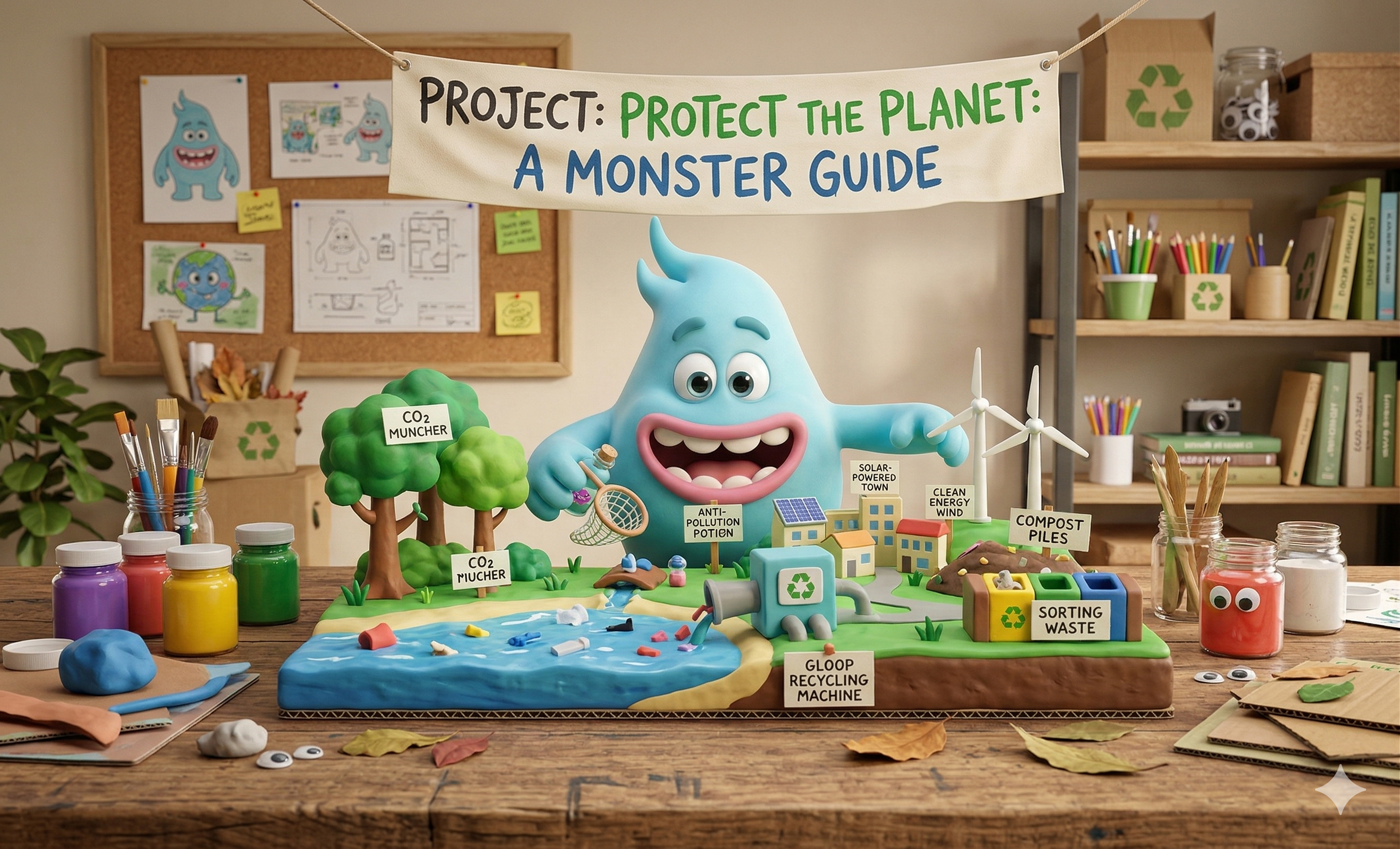 A cute monster doing Protect the Planet: A Monster Guide